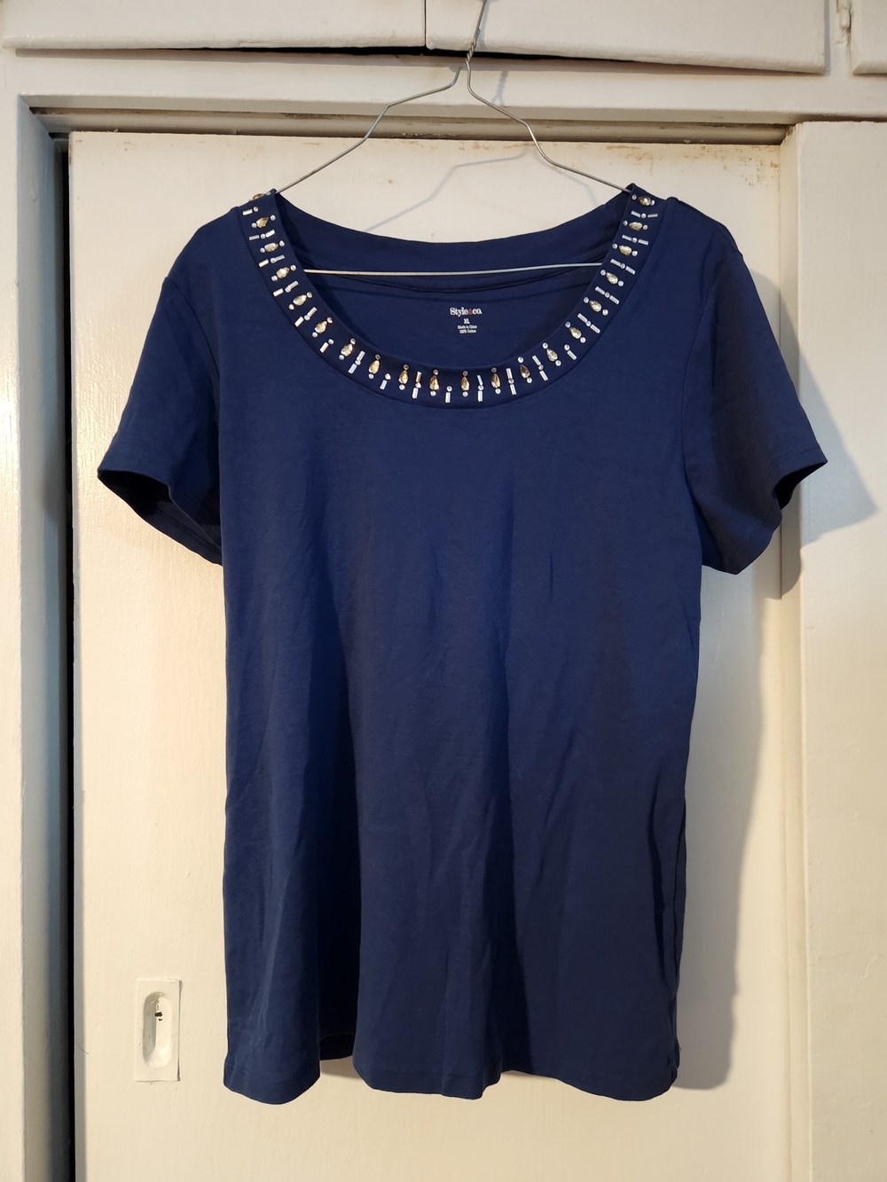 Blue Embellished Scoop Neck Women’s Top
